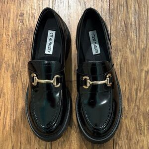 Steve Madden Glossy Black Loafers with Gold Detail